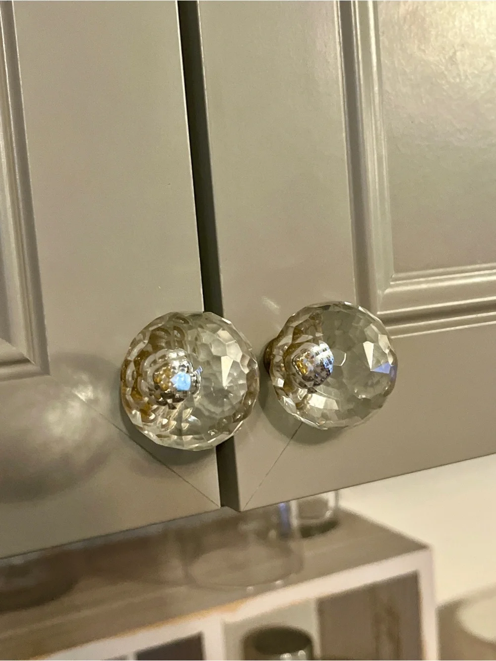 Crystal Faceted Glass Drawer Knob - with Antique Brass Base - Set of 4